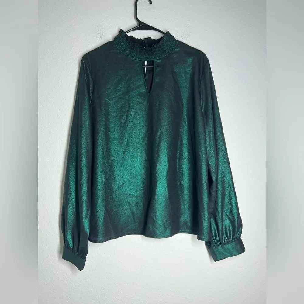 Shein Bohemian Mock Neck Ruffle Sleeve Blouse Size 12 Green Metallic